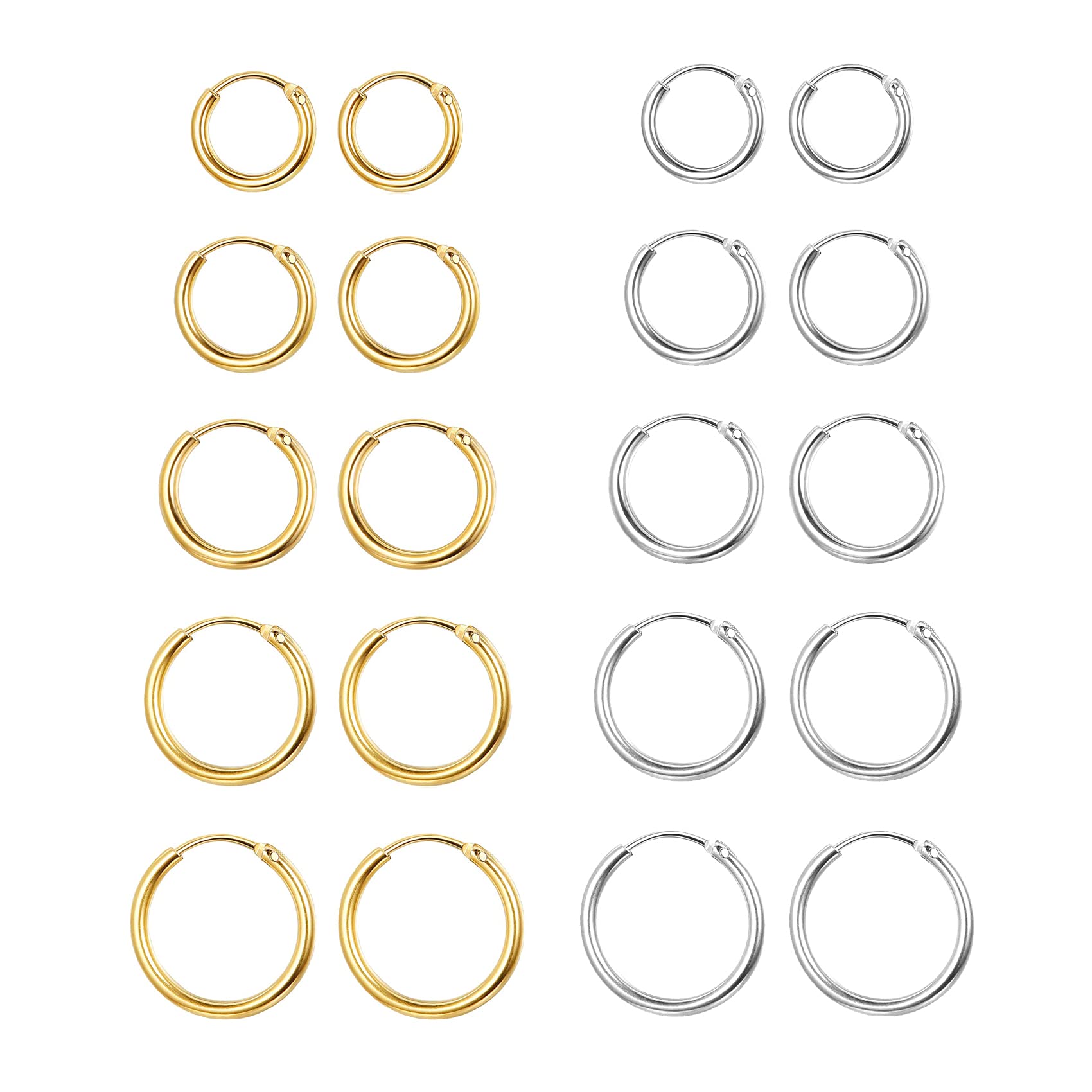 Senteria 10 Pairs Small Hoop Earrings for Women Stainless Steel Gold Silver Black Hypoallergenic Hoop Earrings Tiny Hoop Earrings Set for Men Earring Sets for Multiple Piercings 8/10/12/14/16mm