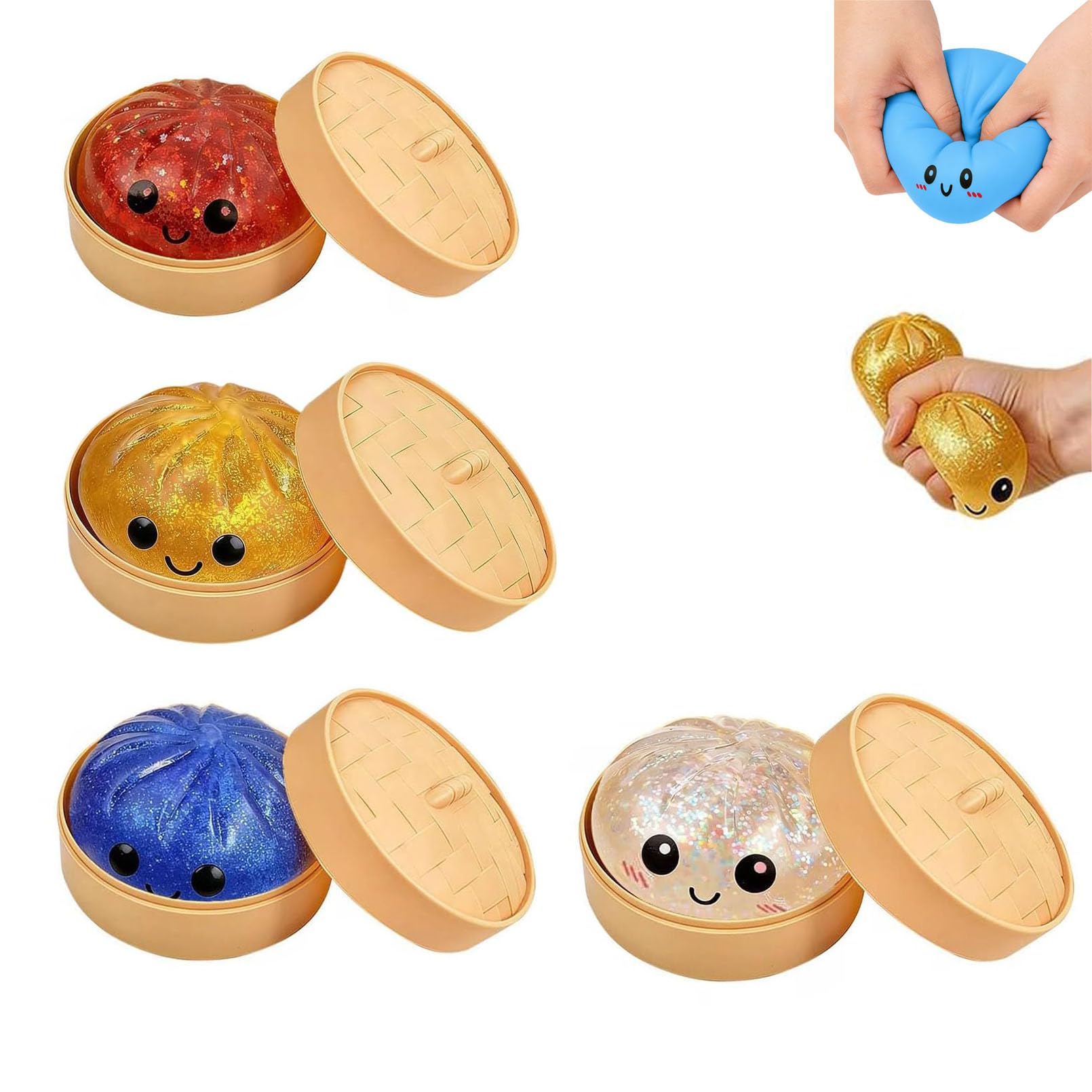Dumpling squishy glitter mystery, Jumbo Dumpling Squishy Toy With Steamer Box, Funny Slow-Rise Stress Toys for Adults & Kids, Stress & Anxiety Relief (4Pcs-Mix)