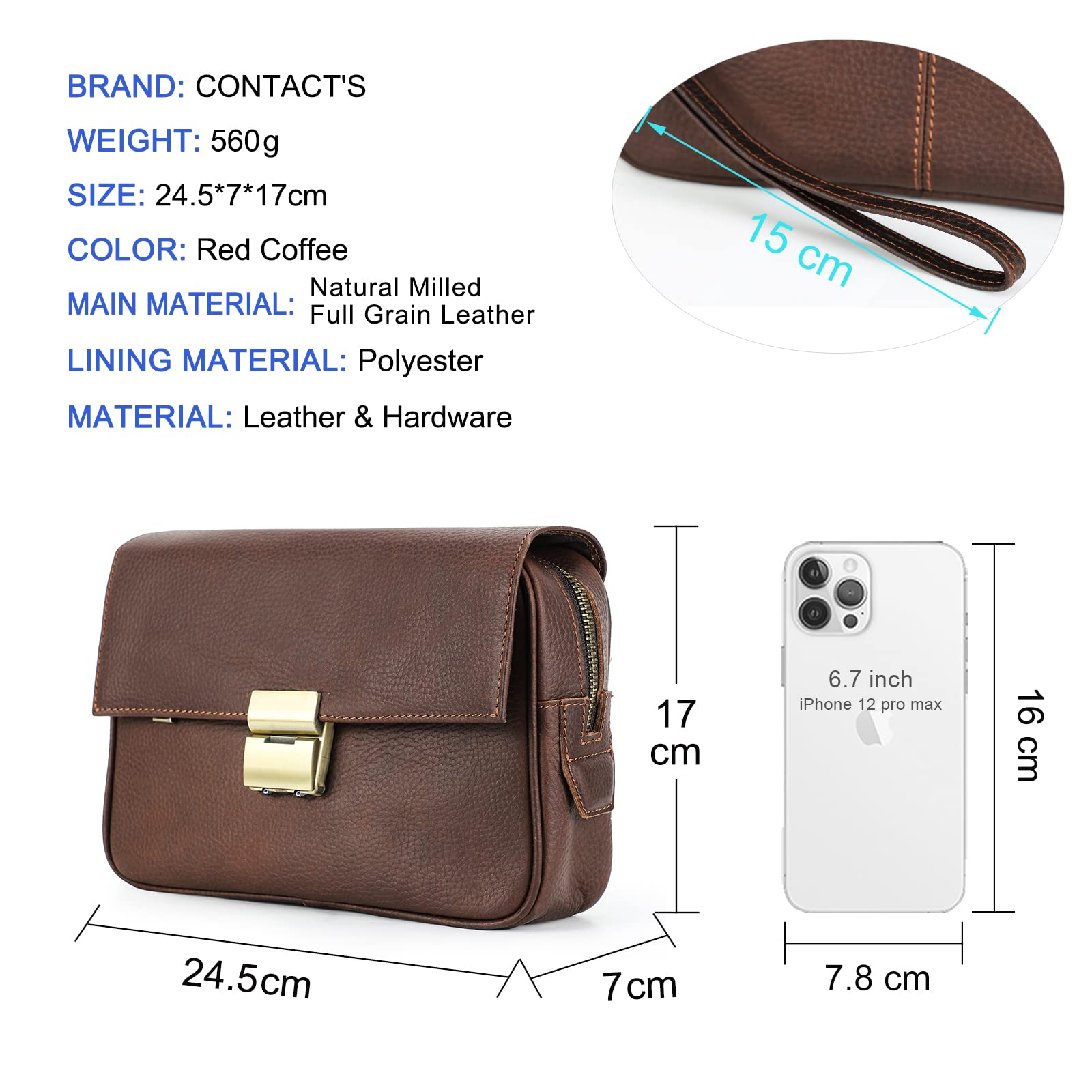 Contacts Pochette da uomo in vera pelle per carte d'identità, grande capacità, con blocco antifurto, da viaggio, passaporto, telefono, borsa a mano con cinturino da polso
