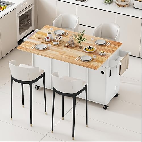 Miniatura 4 de Carrito para isla de cocina con almacenamiento y ruedas, isla de cocina rodante grande de 150 cm con hoja abatible, isla móvil para cocina con