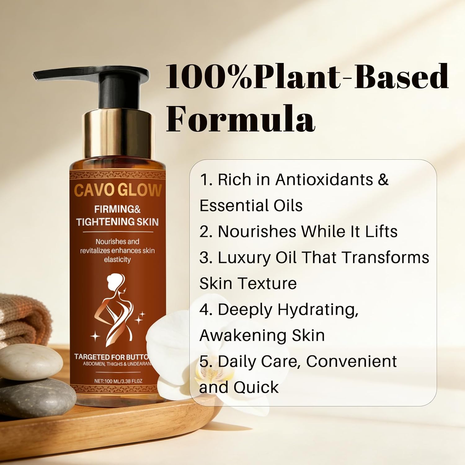 Cavo Glow Firming Body Oil for Women, Nourishing Moisturizing Oil for Skin Elasticity, Lightweight Fast-Absorbing Body Oil for Abdomen, Thighs, Buttocks & Underarms, 100ml