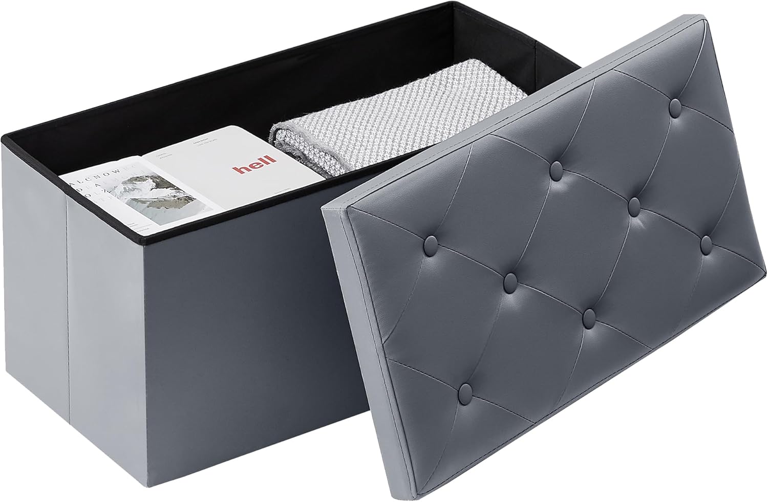 VECELO 30'' Folding Storage Ottoman Bench- Versatile Shoestool & Footstool, Bedroom Bench with Storage, Storage Chest for Living Room, Utility Room, Hallway, Holds up to 660 lb, Easy to Assemble,Grey