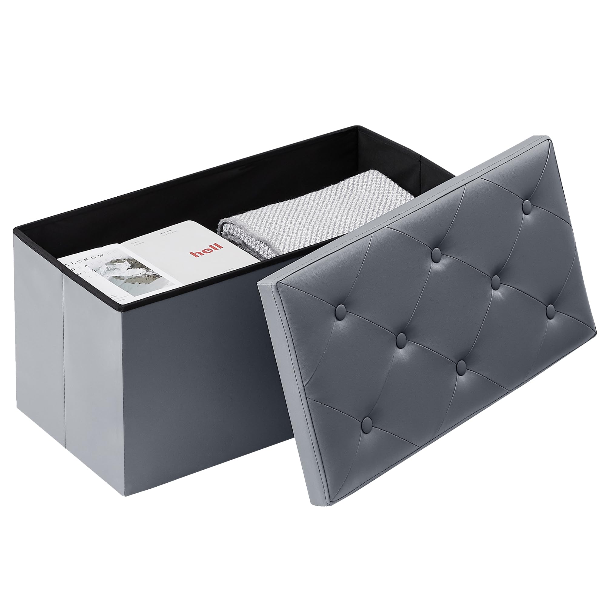 VECELO 30'' Folding Storage Ottoman Bench- Versatile Shoestool & Footstool, Bedroom Bench with Storage, Storage Chest for Living Room, Utility Room, Hallway, Holds up to 660 lb, Easy to Assemble,Grey