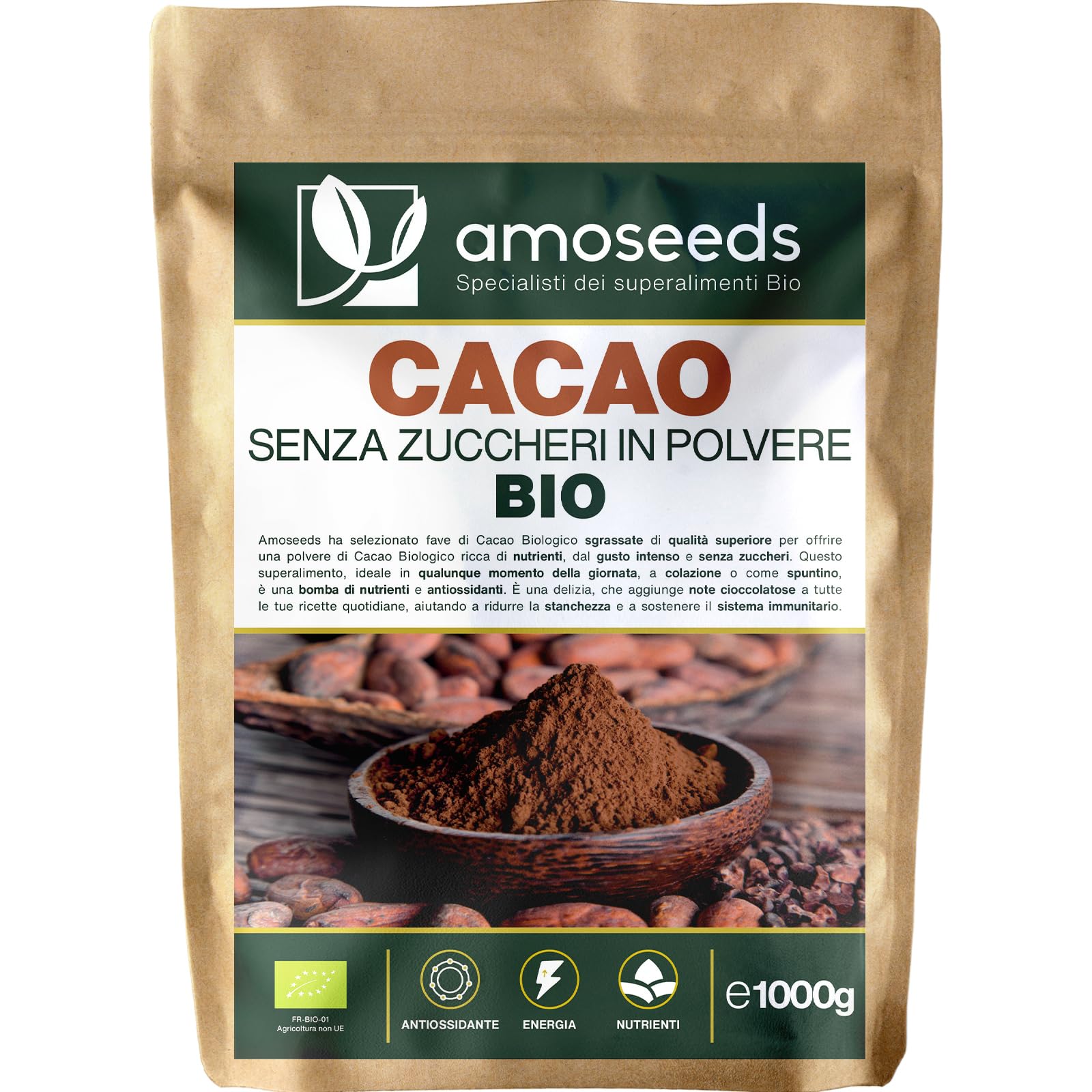 Cacao Senza Zuccheri in polvere BIO 1KG | Fave sgrassati di Cacao Bio, 100% puro | Gusto Intenso di Cioccolato | Qualità superiore