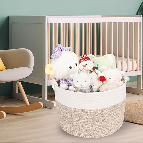 Miniatura 5 de Cesta tejida con asa de cuerda de algodón de 18 x 12 pulgadas, cesta de almacenamiento de juguetes para sala de estar, cestas grandes para lavandería