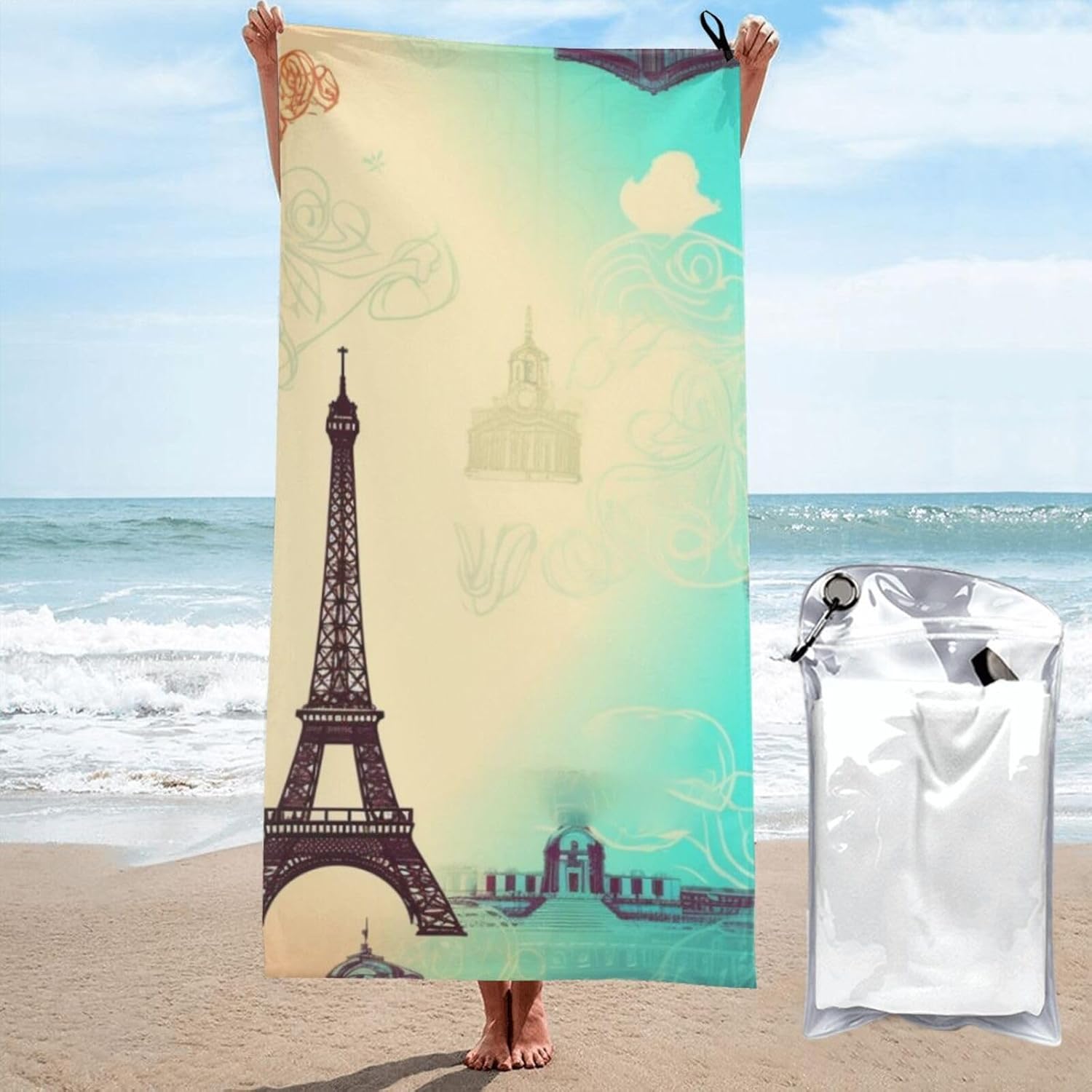 KHiry Microfiber Towel Beach Towels Paris Pattern Quick Dry Towel Soft Lightweight Travel Towels Absorbent Large Easy Pack Travel Things Beach Blanket for Gym Sports Swimming