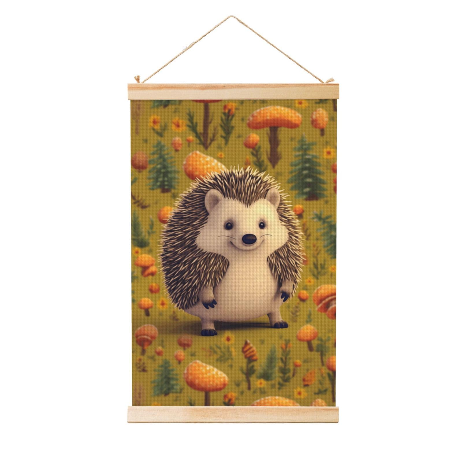 Hedgehog Poster Wooden Shaft Hanging Poster Wall Hanging Banner Canvas Artwork with Wood Frames 20"x30" Modern Artwork Decor Ready to Hang Wall Art for Home Decor Scroll Painting