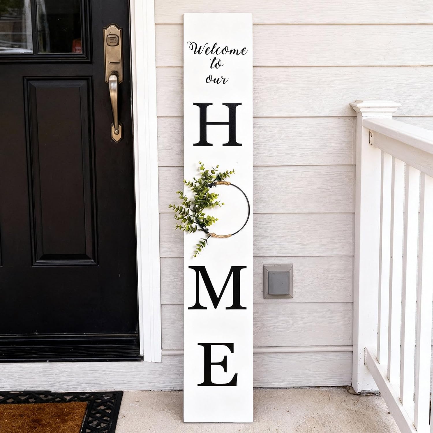 47.2" H Welcome to Our Home Sign with 3D Wreath (No Splicing), Large Wooden Welcome Sign Porch Front Door Standing Outdoor Decor, Tall Vertical Leaner Outside Farmhouse Yard Decorations