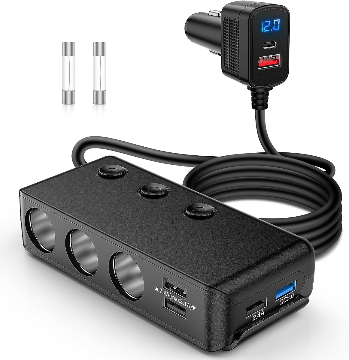 Nilight 9 in 1 Cigarette Lighter Adapter Splitter QC 3.0 3 Sockets 4 USB Ports Power Splitter with PD/QC 3.0 Independent Switches LED Voltage Display for 12V/24V Cars Van Truck Camper