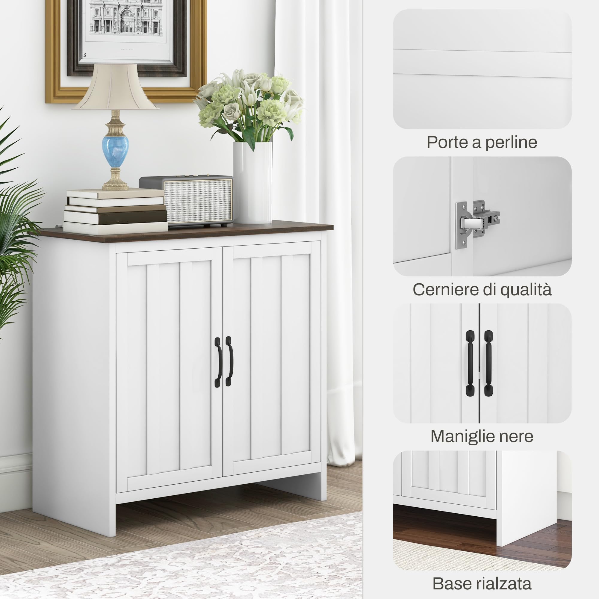 HOMCOM Credenza Cucina Moderna Mobile 2 Ante in Legno 80x39.7x80cm Bianco | Ripiano Regolabile, per Soggiorno e Ingresso