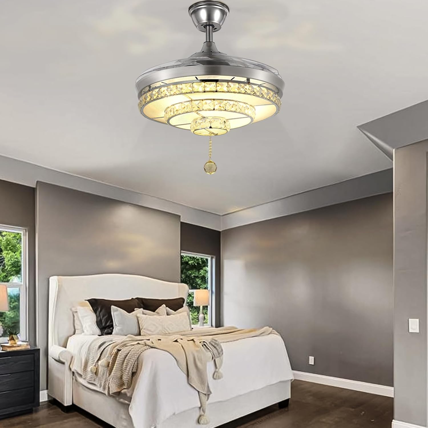 Crystal Ceiling Fan with Light and Remote,Chandelier Fan with 4 Retractable Blades,3 Light Change LED Indoor Ceiling Fans for Bedroom Living Room 36W 42 inch (Sliver)