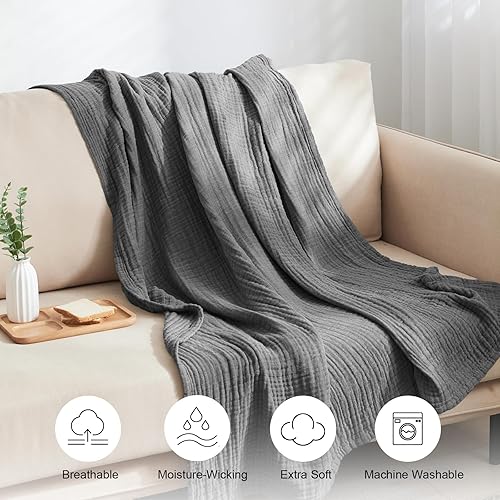Miniatura 2 de PHF - Manta de muselina 100% algodón para adulto, suave al tacto, transpirable y ligera, perfecta para la decoración del hogar, sofá, cama, para