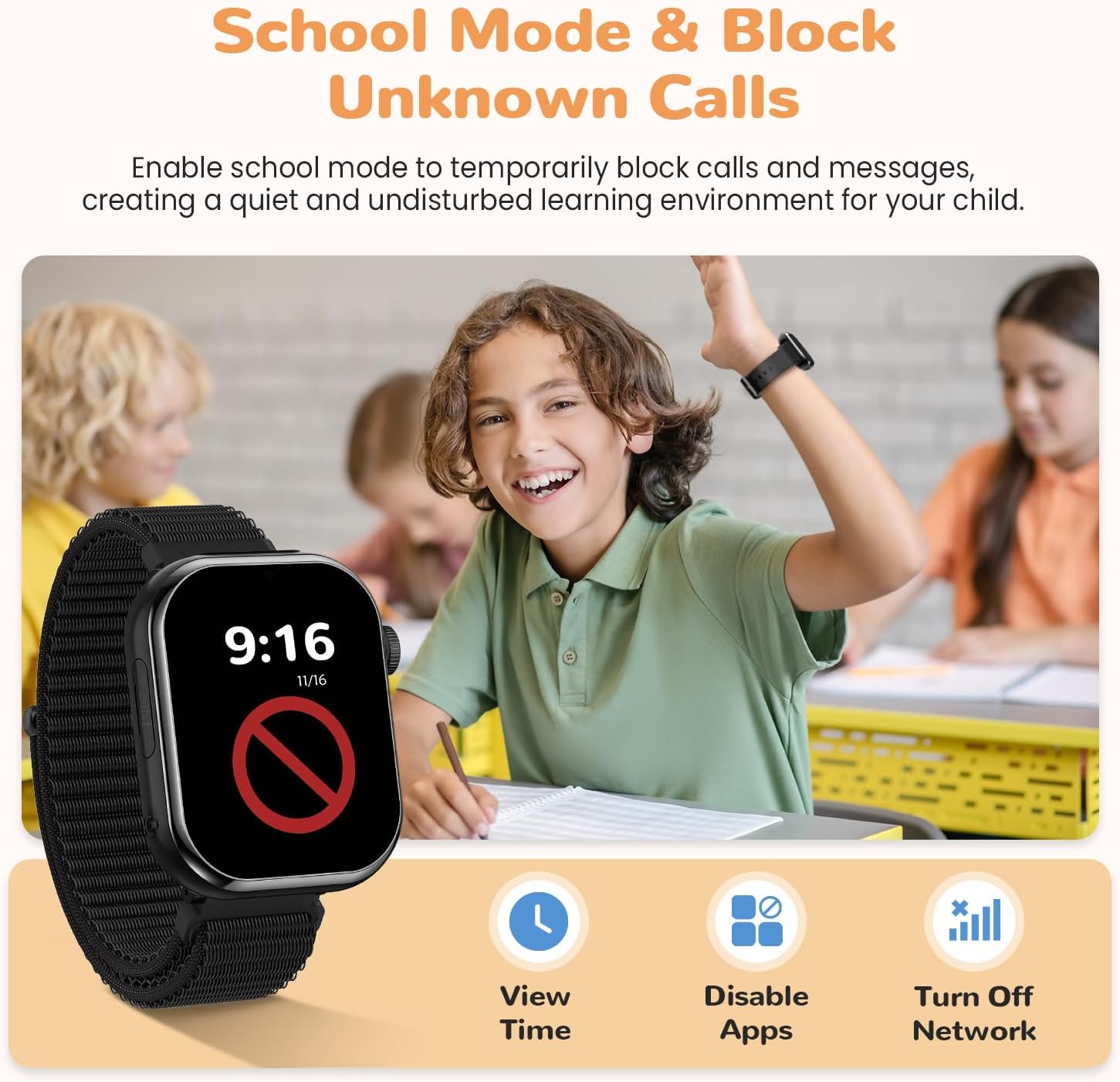Image showing the smartwatch in School Mode, with a 'no entry' symbol on the screen, and children in a classroom setting.