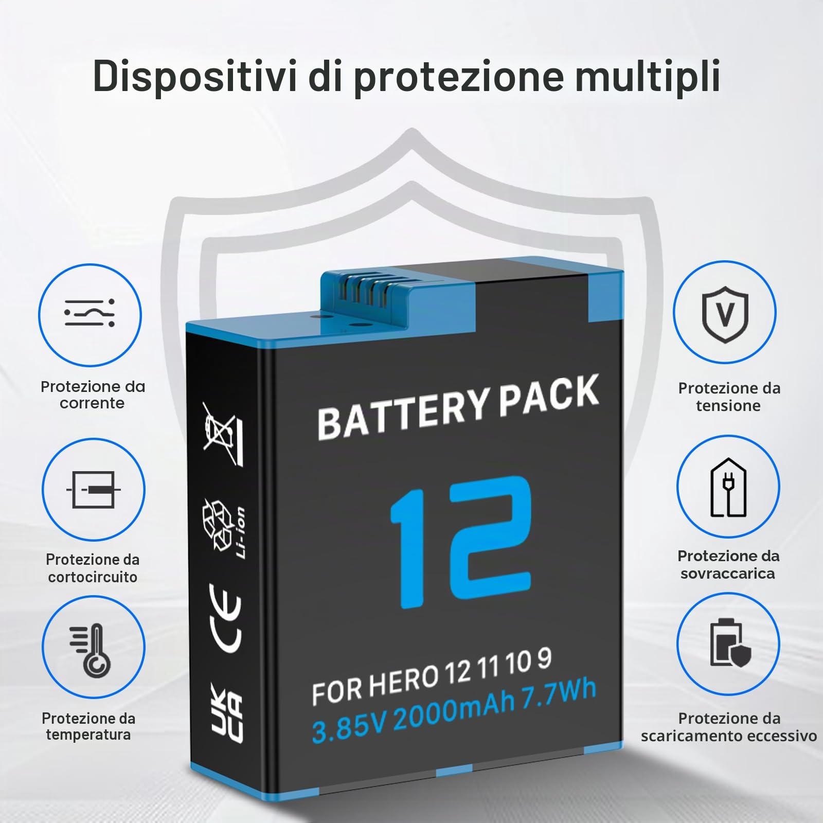 1 Confezione Batteria di Ricambio 2000mAh per Fotocamere d'Azione GoPro Hero 9/10/11/12 Nero Sostituisce Batteria Modello AHBDT-901D