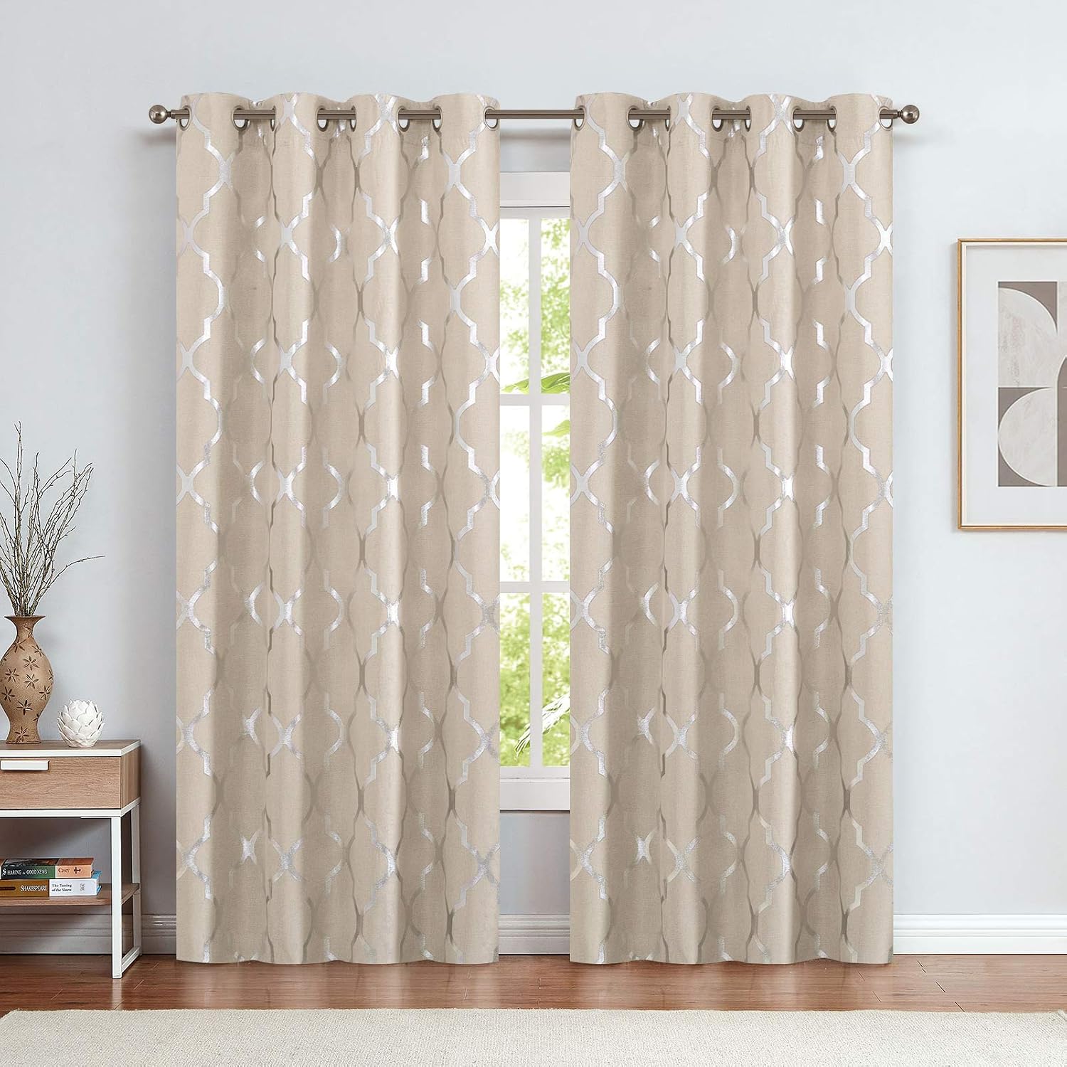 jinchan Linen Textured Curtains for Living Room Darkening Drapes Foil Moroccan Tile Print Curtains for Bedroom Window Treatment Set 84 inch Long One Panel Silver