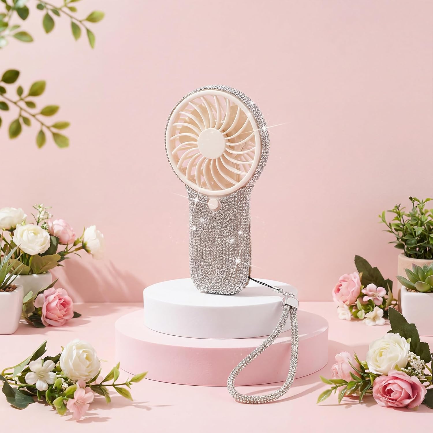 Mudder Rhinestone Handheld Fan, Crystal Bling, Battery Operated, White image 3