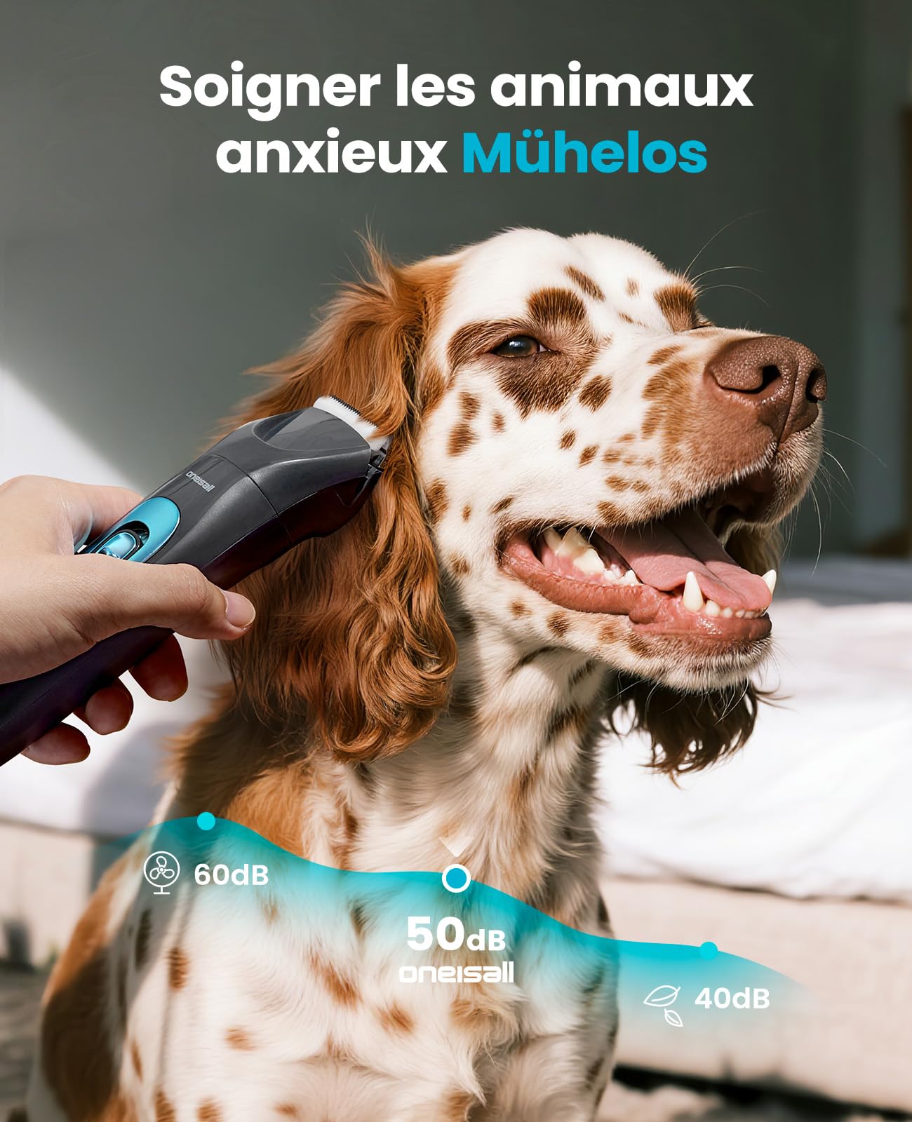 oneisall 4-en-1 Tondeuse pour Chien Professionnelle Sans Fil pour Animaux, Tondeuse à Poil Long Epais avec Lumière LED, Toilettage Rechargeable 2000mAh, Rasoir pour Chien et Pattes (Bleu)