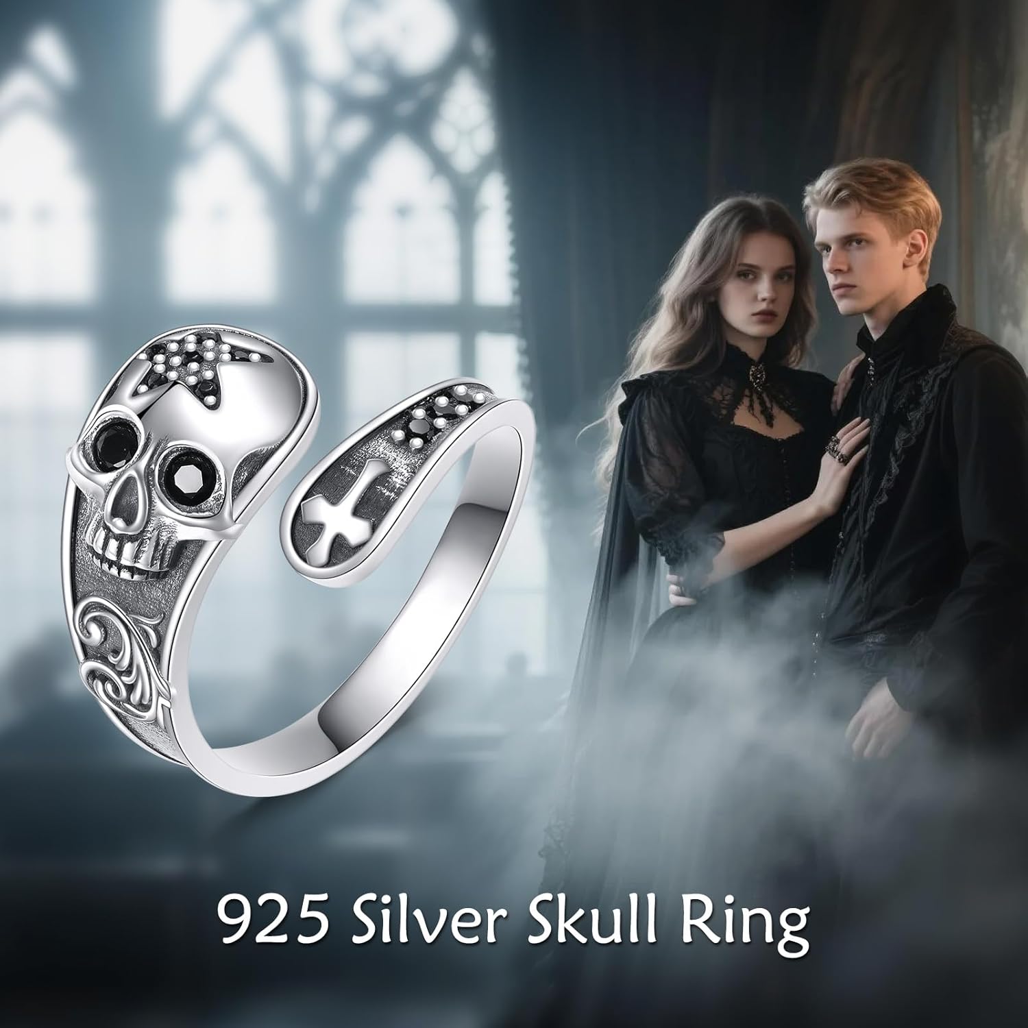 Skull Ring Sterling Silver Skeleton Spoon Adjustable Rings Gothic Jewelry for Women Men