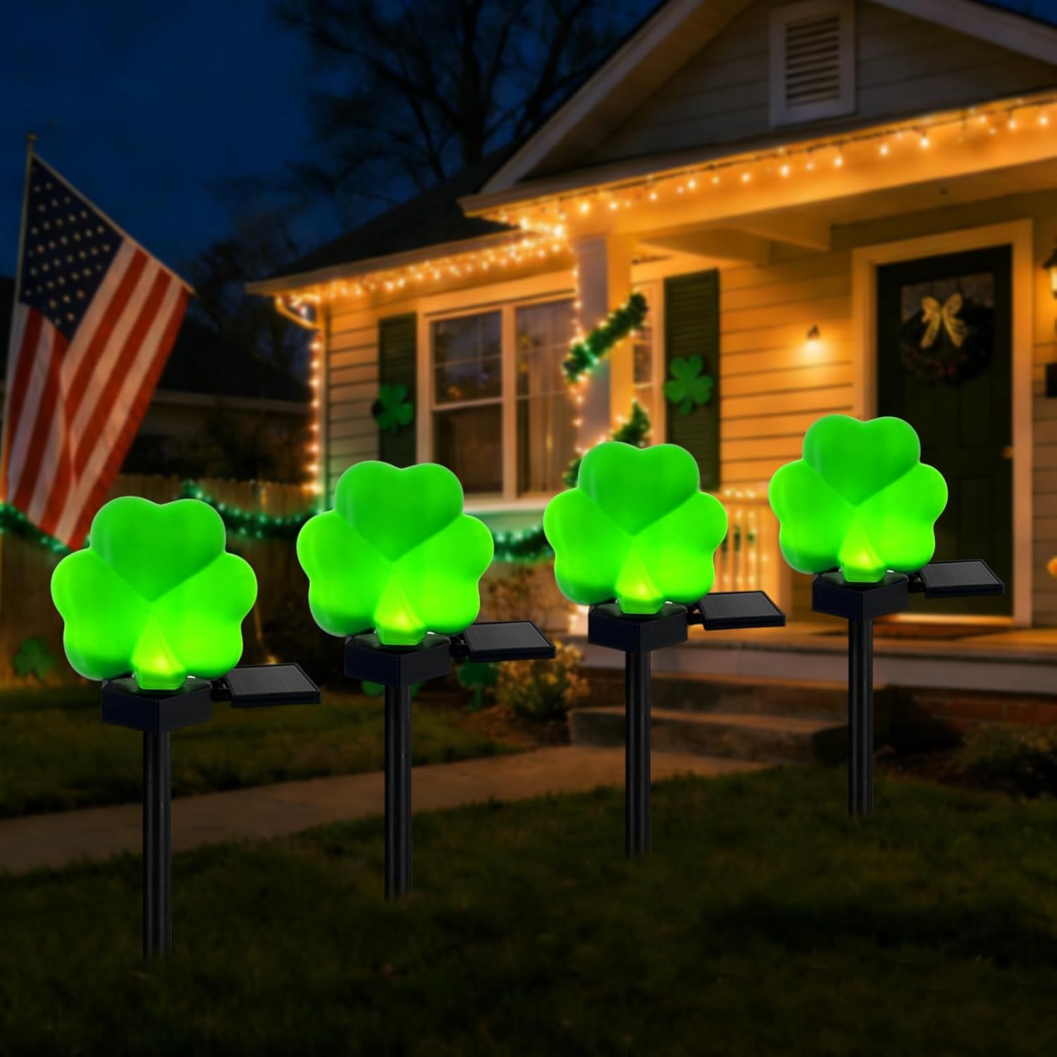 St Patricks Day Solar Lights Outdoor, 4 Pcs Waterproof Solar Green Shamrock Lights Outdoor Green Light for Saint Patricks Day Decorations Outside Garden Yard Lawn