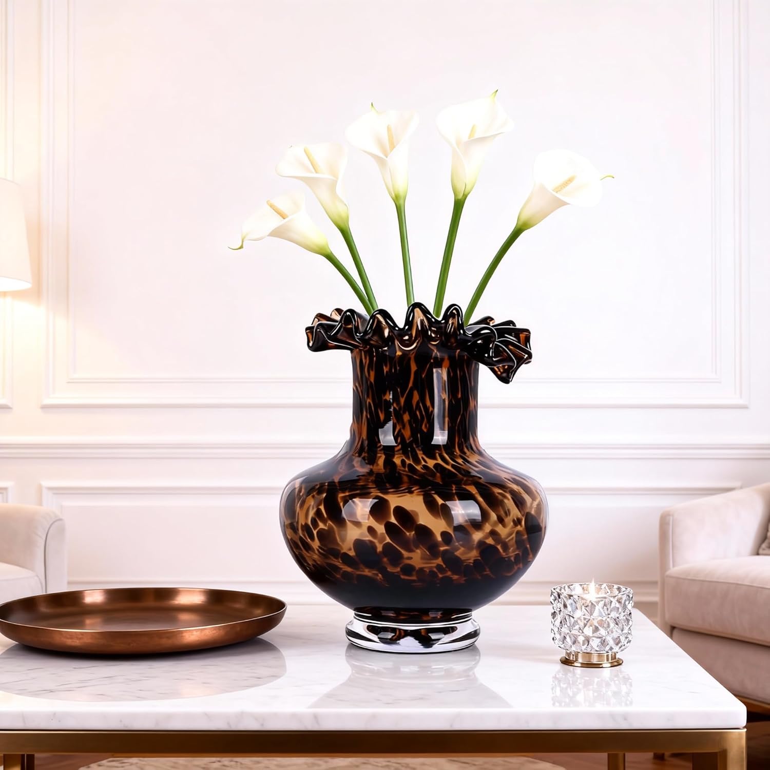 Amber Glass Vase – Tortoise Shell Design, Elegant Home Décor, Unique Centerpiece for Living Room, Office, Wedding Gifts, Art Glass Vase, Round Decorative Vase, Tortoise Shell Home Décor (S)