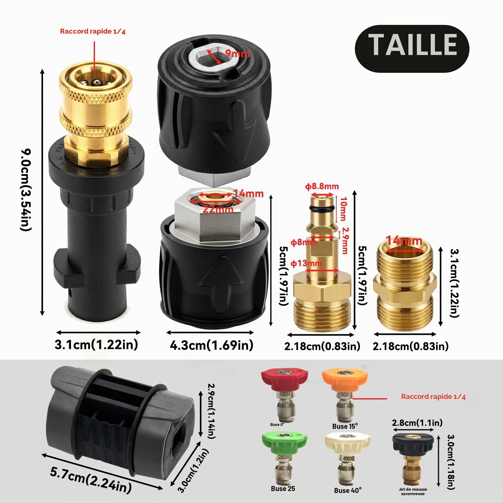 Adaptateur Tuyau Raccord Rapide M22 14mm pour Nettoyeur Haute Pression Karch-Série K2-K7, Raccord 1/4'' Rapide avec 5 Embouts de Buse, Outil de Conversion Pistolet Nettoyage Haute Pression