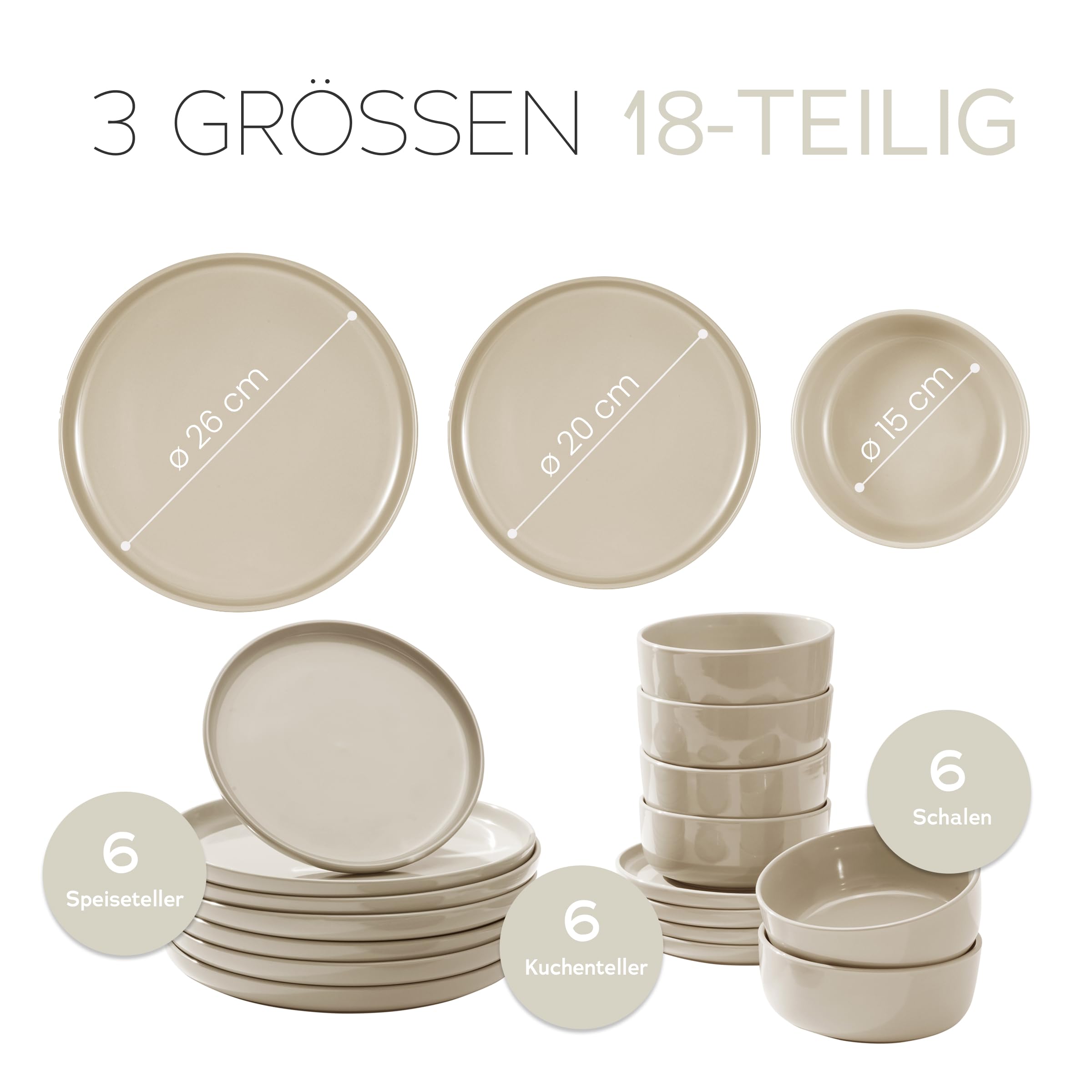 Feinsteinzeug Geschirr Set für 6 Personen, 18 Teile — massiver und kratzfester als Steingut Teller Set und Schüsseln, beige glanz | Tafelgeschirr je 6 Speiseteller, Kuchenteller & Schalen - Magnetiks