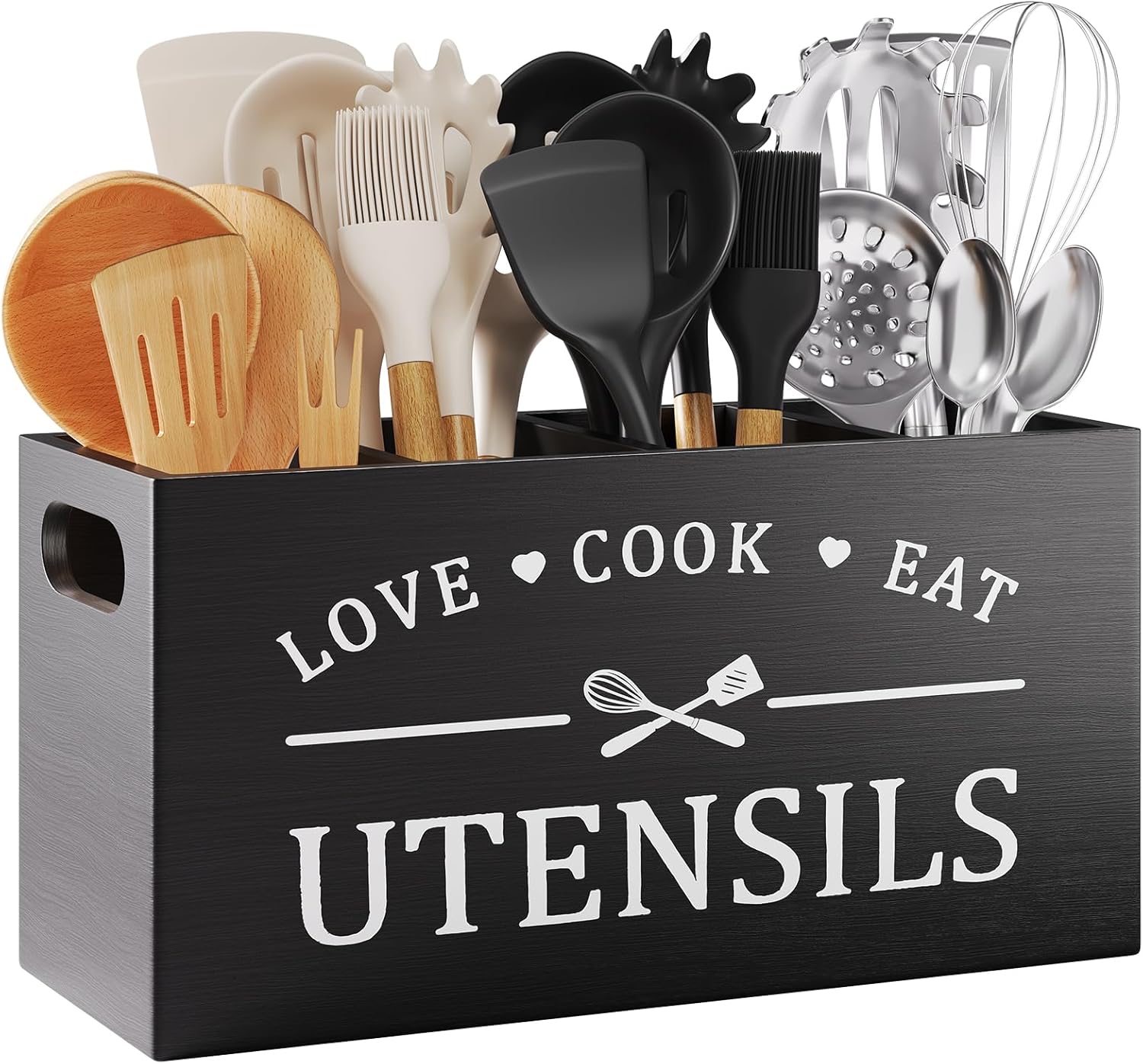 Acacia Wood Utensil Holder for Party, Paper Plate and Utensil Holder Caddy for Countertop, Kitchen Silverware Organizer Dispenser for Spoon, Napkin, Cup, Cutlery Holders for Outdoor, Camping, Picnic