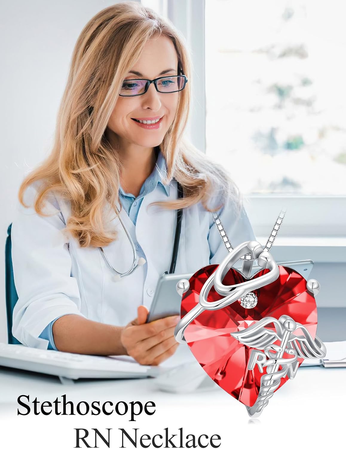 OCJ Nurse Gifts Sterling Silver Stethoscope RN Caduceus Heart Necklace Medical Theme Jewelry for Women Birthday Graduation Christmas Gift for Nurse Doctor Nursing Student - Image 2