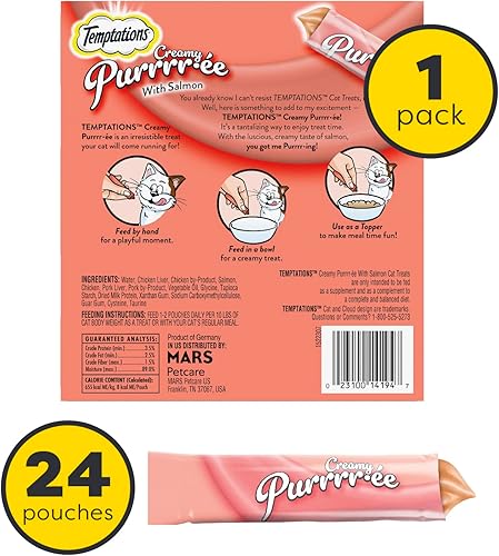 Miniatura 2 de Temptations Creamy Puree - Golosinas húmedas exprimibles para lamer para gatos con salmón, tubos de 0.42 onzas, 24 unidades