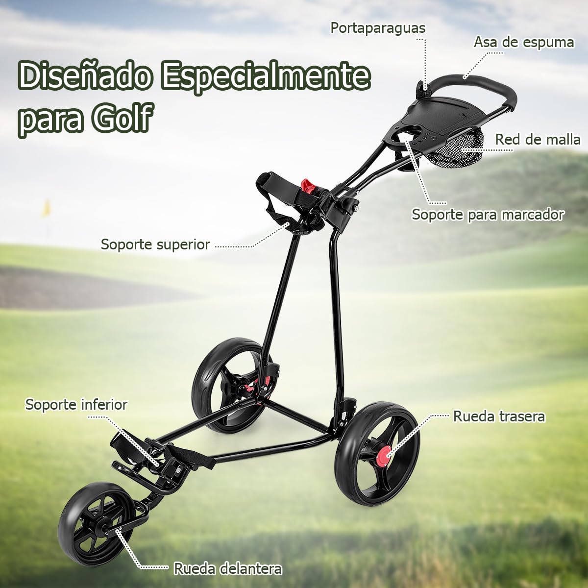GOPLUS Carrito de Golf Plegable 3 Ruedas Goma Mango Ajustable Hierro Negro