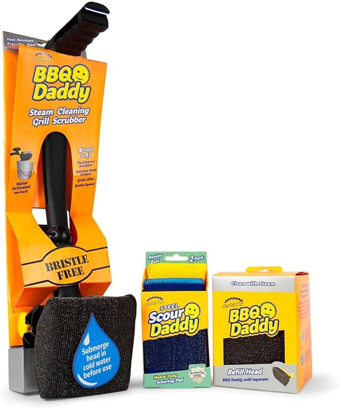 Kit de limpieza de parrilla BBQ Daddy – Cepillo de parrilla sin cerdas con recambio + 2 esponjas de acero para parrilla Daddy – Rascador de parrilla integrado – Herramientas de limpieza de parrilla con control de temperatura (4 unidades)