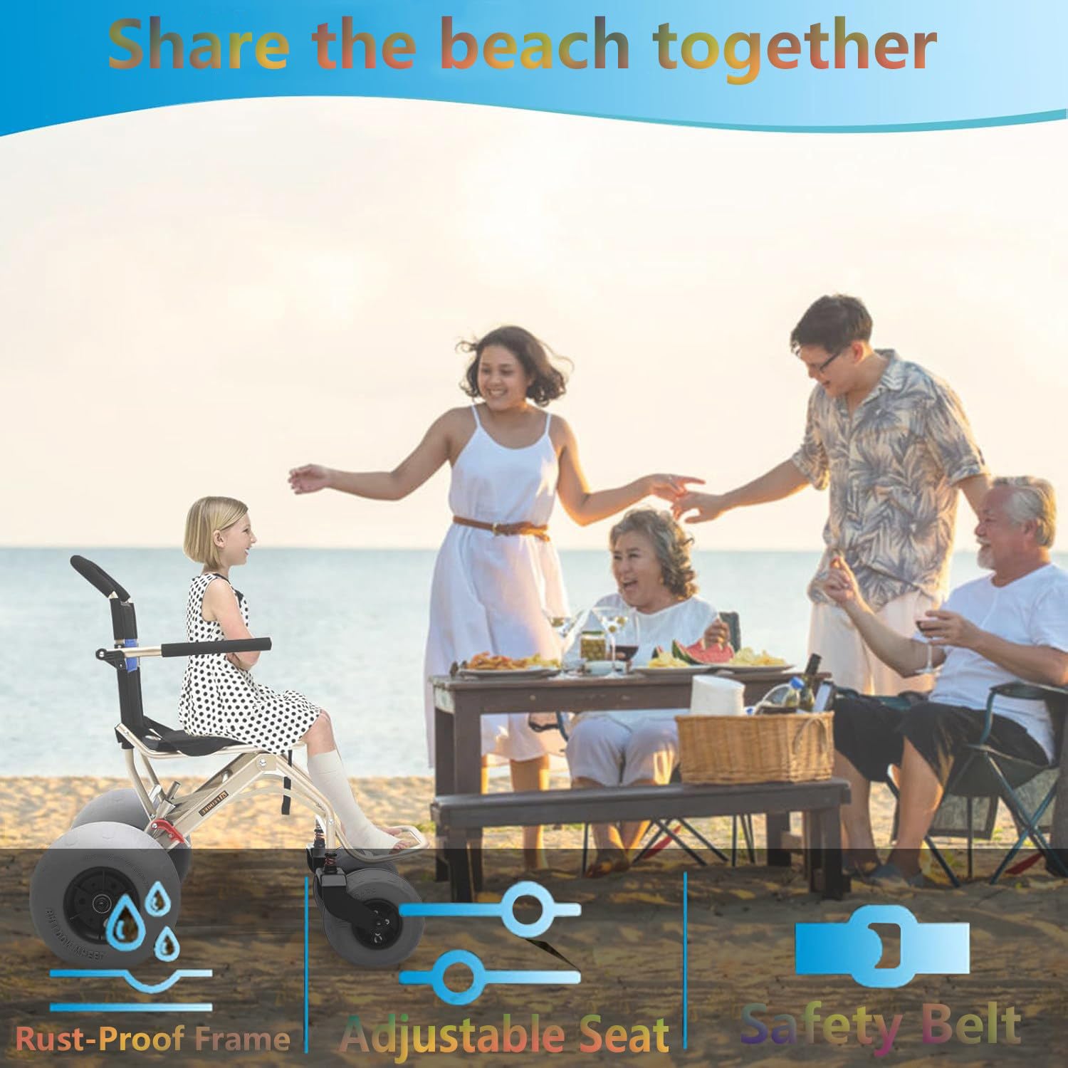 Silla de Ruedas de Playa Todo Terreno Silla de Ruedas Ligera para Playa con Neumáticos de Globo de 12'' y 9'' Diseño Plegable Ruedas de Liberación Rápida
