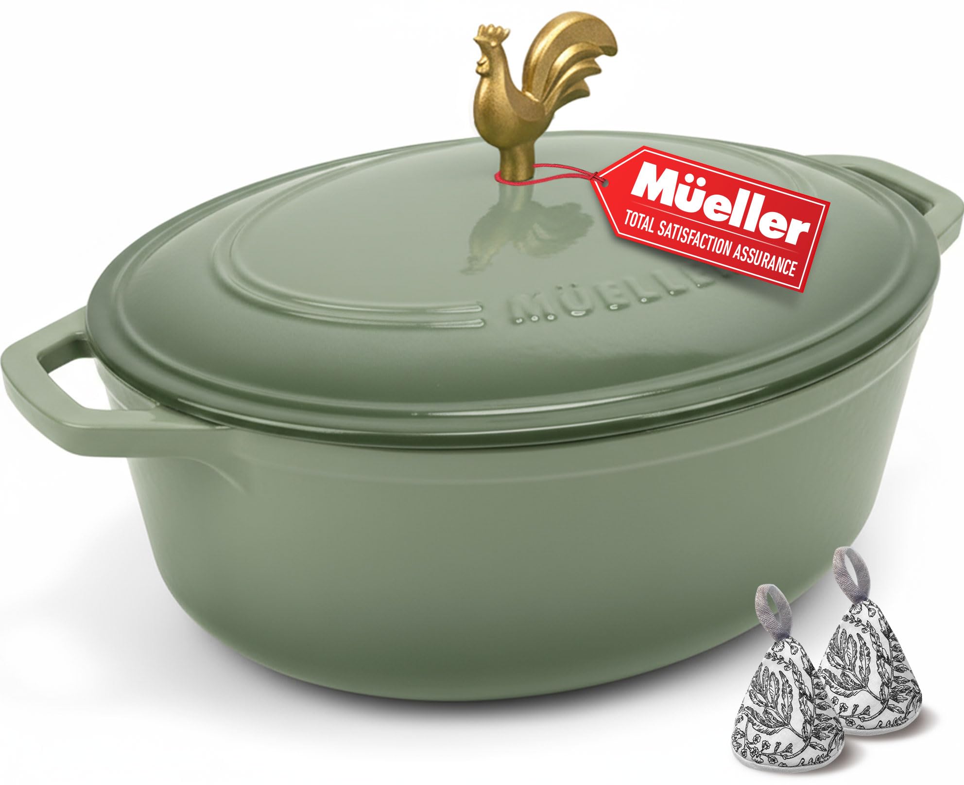 MÃœELLERHOME 5.5 Quart Enameled Cast Iron Oval Dutch Oven, Rooster Knob, Heavy-Duty Cookware, Oven-Safe up to 500Â° F & Across All Cooktops, Cooking Pot with Lid, Gifts for Grandma & Women, Thyme Green
