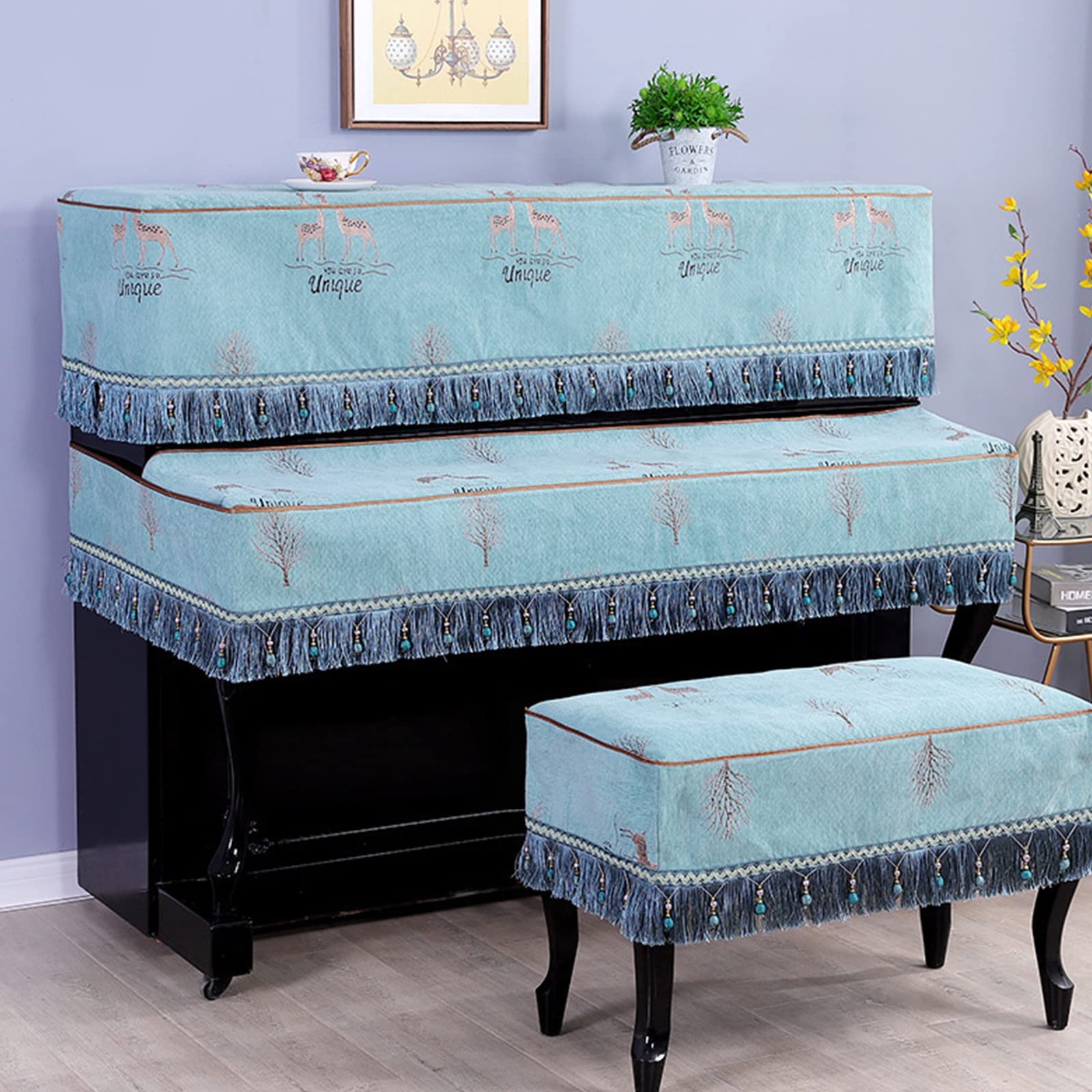 Copertura in Tessuto Poncho per Pianoforte, Mezza Copertura per Pianoforte Europeo, Copertura per Tastiera Elettronica per Pianoforte con Copri Sgabello,Blue-with Double Stool Cover