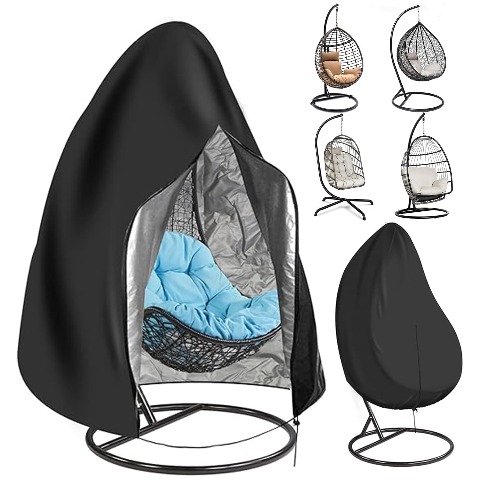Ruucy Black Egg Chair Cover Waterproof, 420D Heavy Duty Oxford Hanging Egg Chair Covers, Anti-Uv Outdoor Garden Chair Cover For Egg Chairs, Egg Swing Chair (190X115cm)