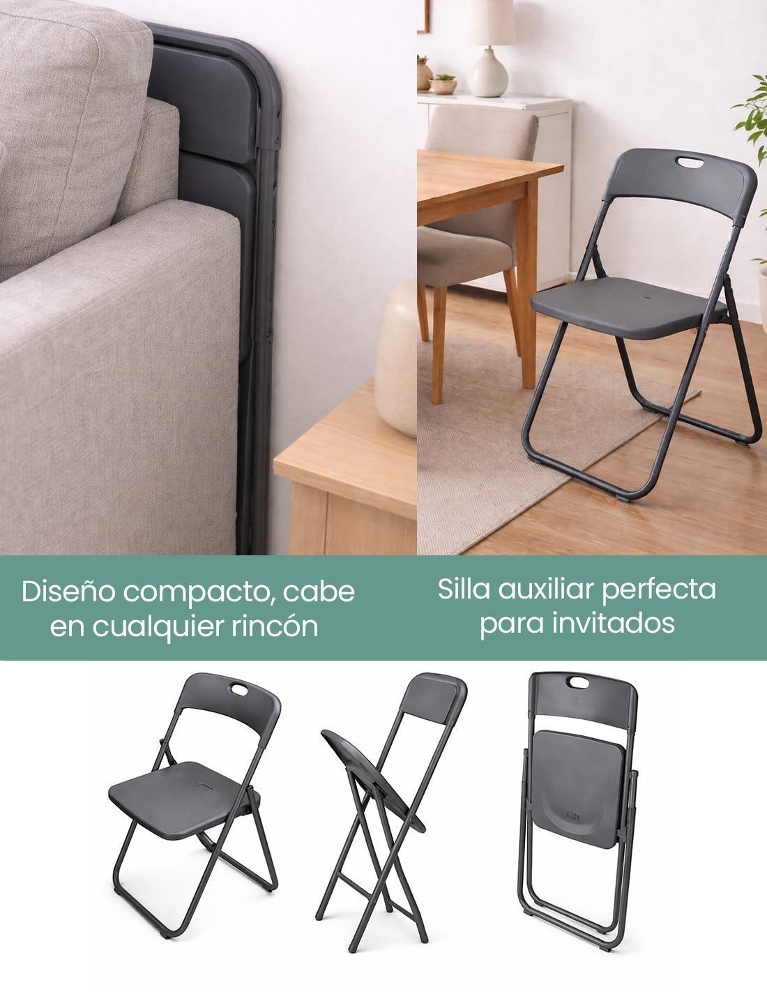 Jardin202 - Silla Plegable Metálica Monolith | 48 x 47 x 73 cm | Plástico Reforzado y Patas de Hierro con Refuerzo de Acero | Resistente | Pack 4 uds (Gris Oscuro)