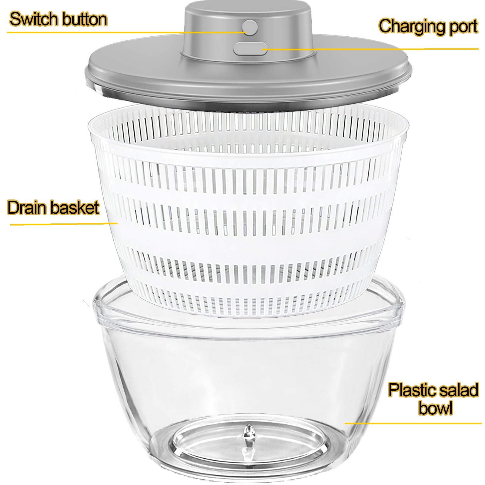 Centrifuga Automatica per Insalata, senza fili Asciuga Insalata Centrifuga, Grande Capacità 4000 ml Rotatore per Drenare Rapidamente USB Frullatore Elettrico Lava Insalata per Frutta e Verdura