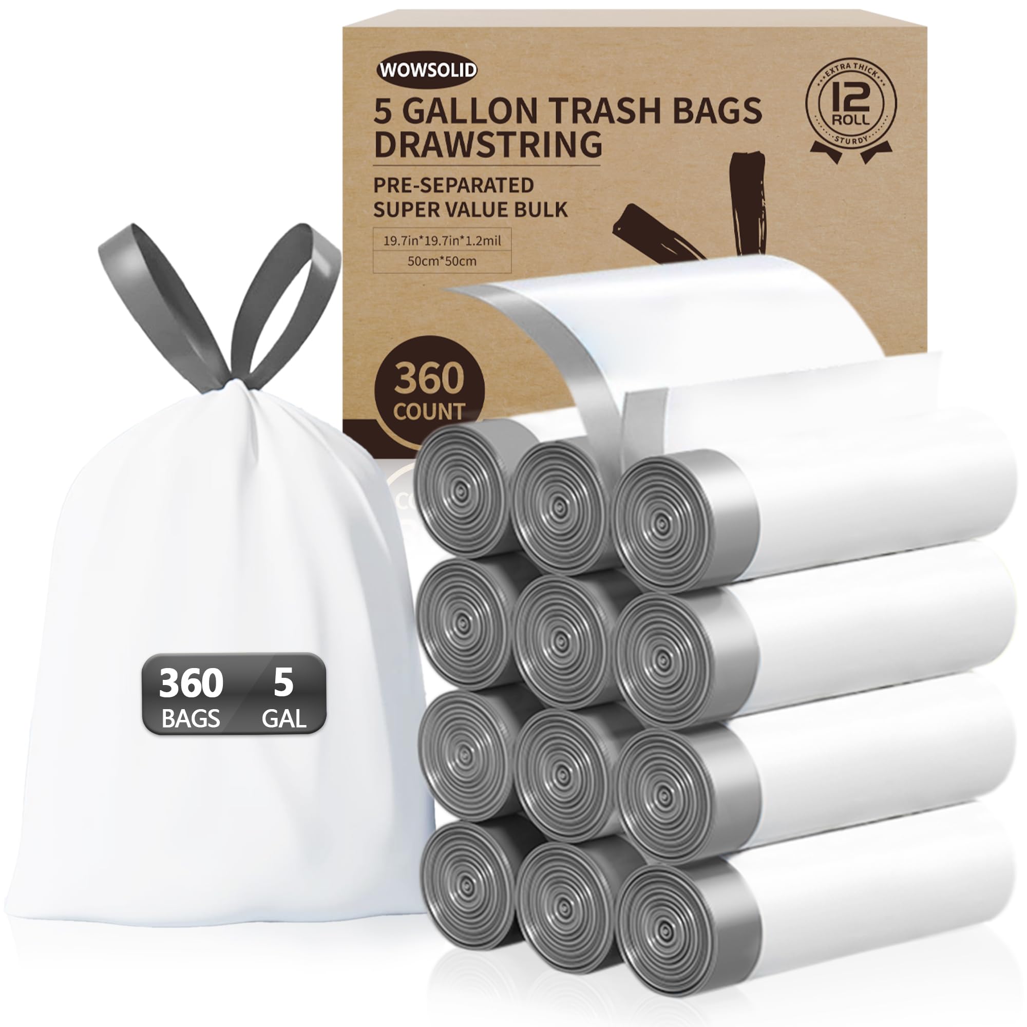 5 Gallon Trash Bags Drawstring, 360 Count 1.2 Mil Thick Garbage Bags by WOWSOLID, Fit Liners 15-20 Liter, 4.5-5.5 Gal, Trash Can Bin for Bathroom,