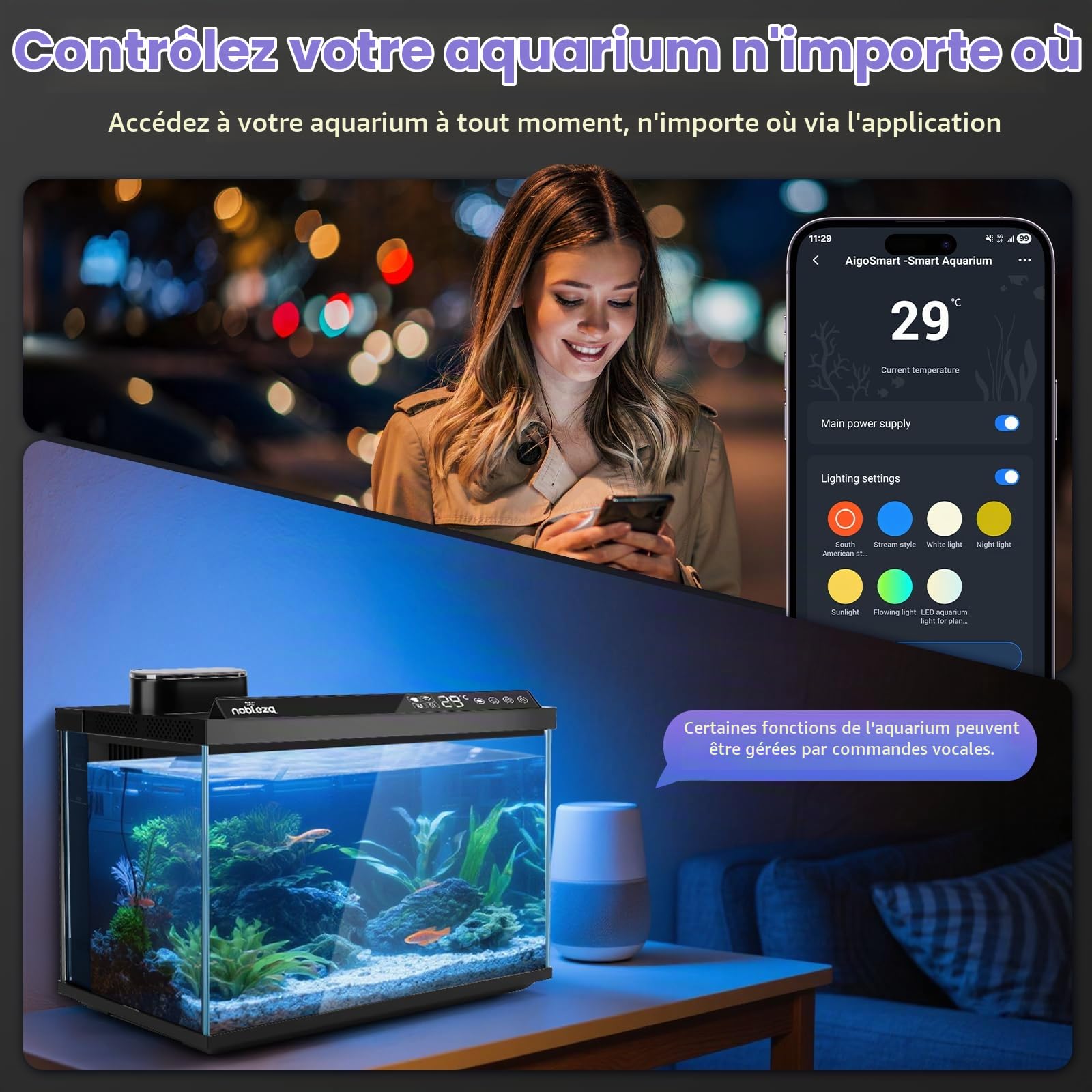 Nobleza Aquarium Smart 30L, Kit Complet WiFi avec App et Changement d'eau | Aquarium 30L en verre ultra-blanc avec pompe à 3 étapes, mangeoire automatique et 6 modes d'éclairage pour bureau et débutant