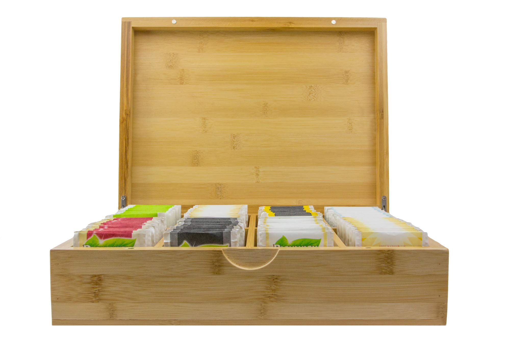 Caja de té de bambú con 8 compartimentos (para 160 bolsitas de té) | Organizador grande con tapa | Caja de madera para bolsas de té de alta calidad | 23 x 30 x 9 cm