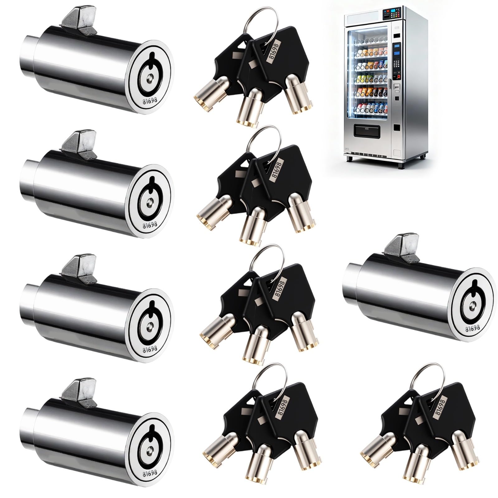 Swewarm Sliver,Black 5 Sets Tubular Keyway Vending Machine Locks, Metal Security Lock Cylinder Sets Keyed Alike For Snack, Candy, Toy, Gumball Machines