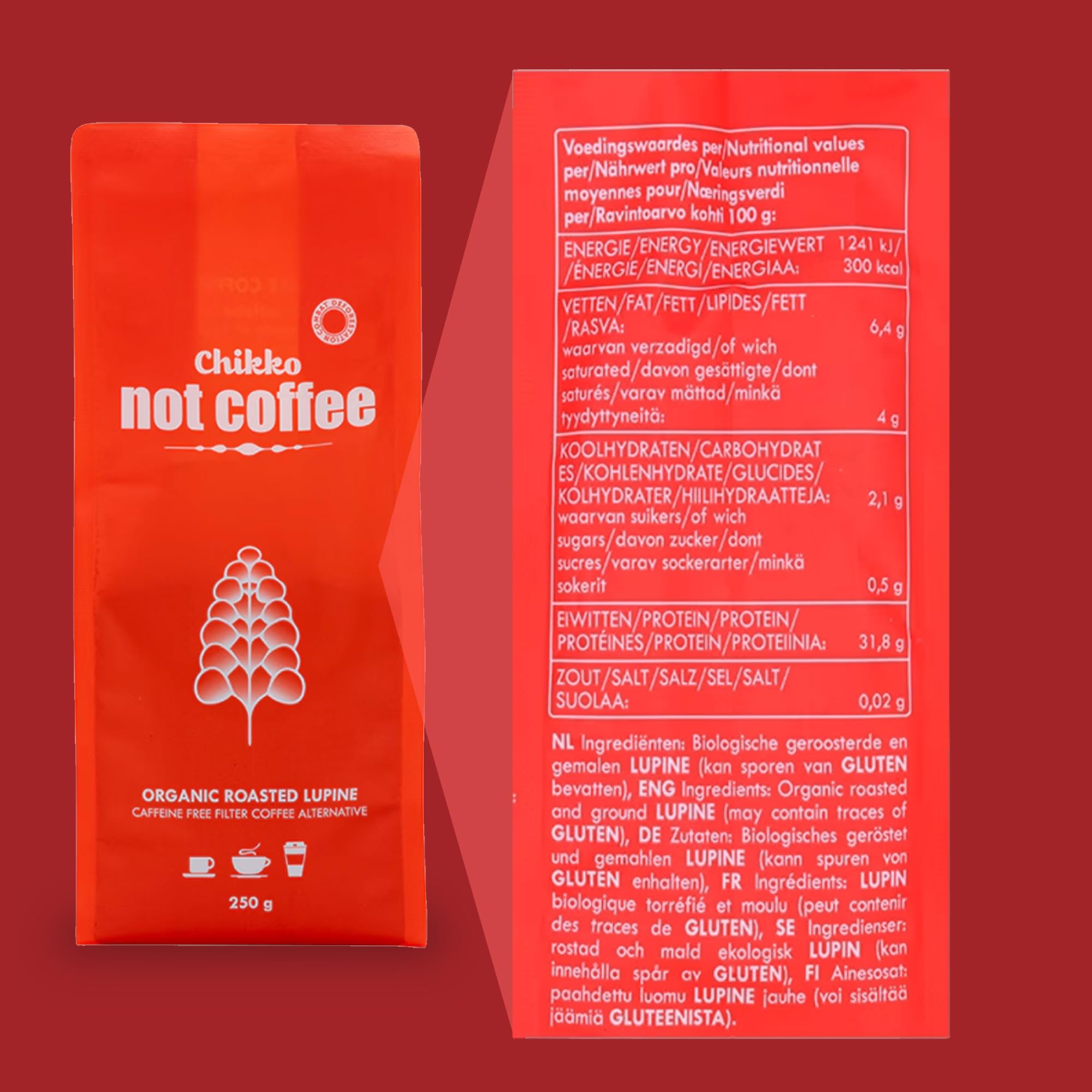 Chikko Not Coffee Lupinenkaffee - 1 x 250g - Bio Geröstete Lupine koffeinfreie Kaffeealternative - Gluten, Nuss und Sojafrei - Frei von Zusatzstoffen und Chemikalien - 100% europäisches Produkt