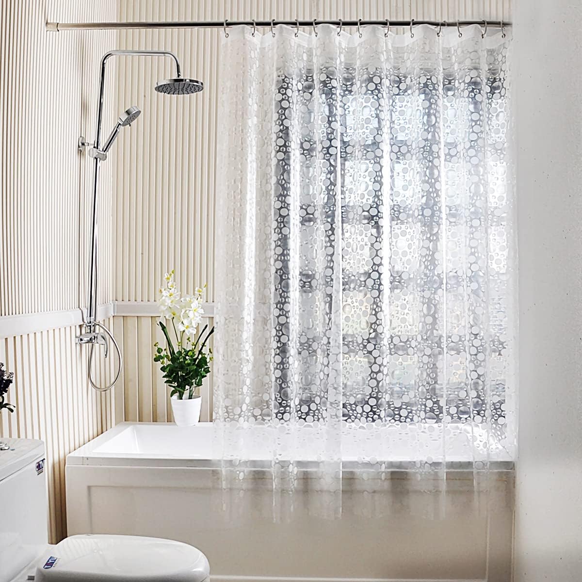 zokyer Clawfoot Tub Shower Curtain Wrap Around Round 180x70 Inch Clear Bathtub Extra Wide Surround Clear All Polka Dot Translucent Transparent Bathroom Panel PEVA Vinyl Hooks 31 Pack