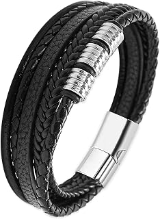 Men's Bracelet, Black Leather Bracelet, Stainless Steel Stone, Black Brown Bracelet, Men's Jewelry Gift Men 21cm (with Gift Box), Leather, Stainless Steel, Stainless Steel, Leather