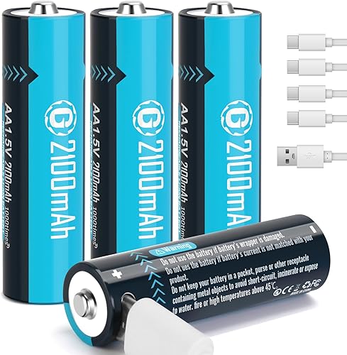 Baterías recargables AA de litio con cable de carga USB-C, paquete de 4 baterías de iones de litio de 1.5 V 2100 mAh de tamaño doble A para cámara