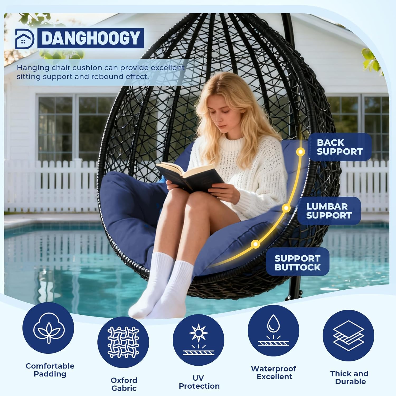 egg chair cushion, waterproof outdoor egg replacement cushions, patio chair cushions for outdoor funiture, thickened hanging chair cushion, 35x47x7 inches (navy) navy patio furniture cushion