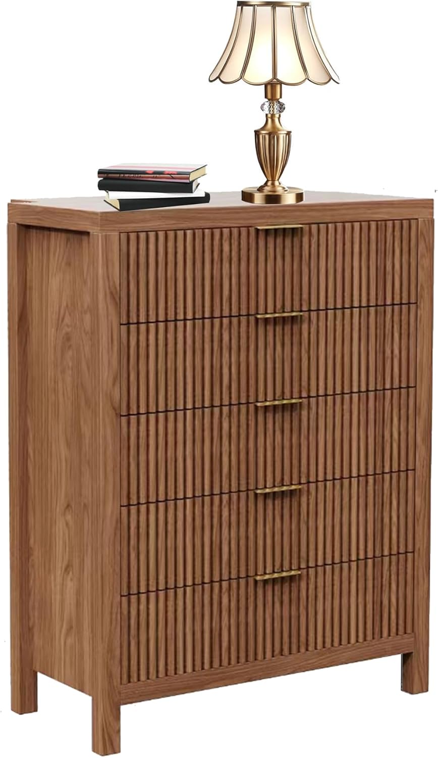 Fluted 5 Drawers Dresser, 43" Tall Modern Chest of Drawers Wood Drawer Organizer Dresser for Bedroom Chest of Drawers for Bedroom, Living Room, Hallway, Entryway, Walnut Oak