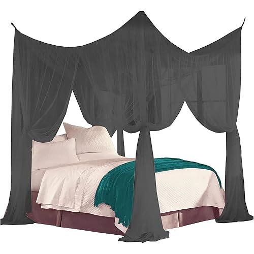 Just Relax Four Corner Post Decorative Elegant Bed Net Canopy Set, Fits Full, Queen and King Bed Sizes, Can Be Used with Or without Four-Post Bed (Black)