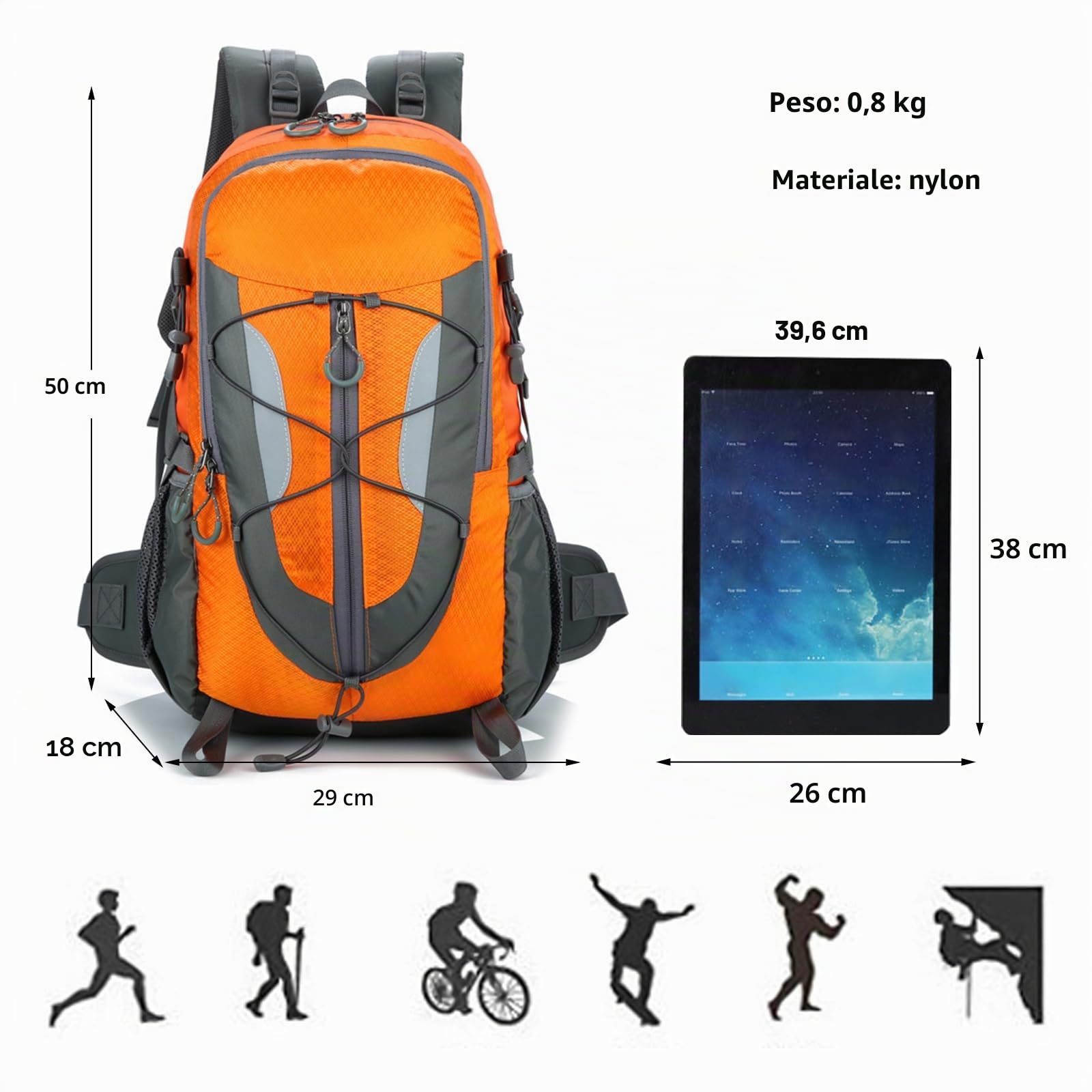 30L Zaino da Trekking Impermeabile Zaino Zaini Hiking Backpack per Donna Uomo Campeggio Arrampicata Viaggio Sport Arancione
