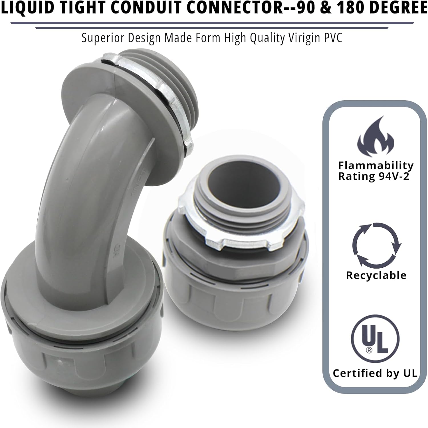 30 Pack 1/2 Inch Flexible Conduit Connectors, 15 Pack 90-Degree and 15 Pack 180-Degree PVC Conduit Fittings, Grey Liquid-Tight Connector for Home Outdoor Tubes, UL Listed